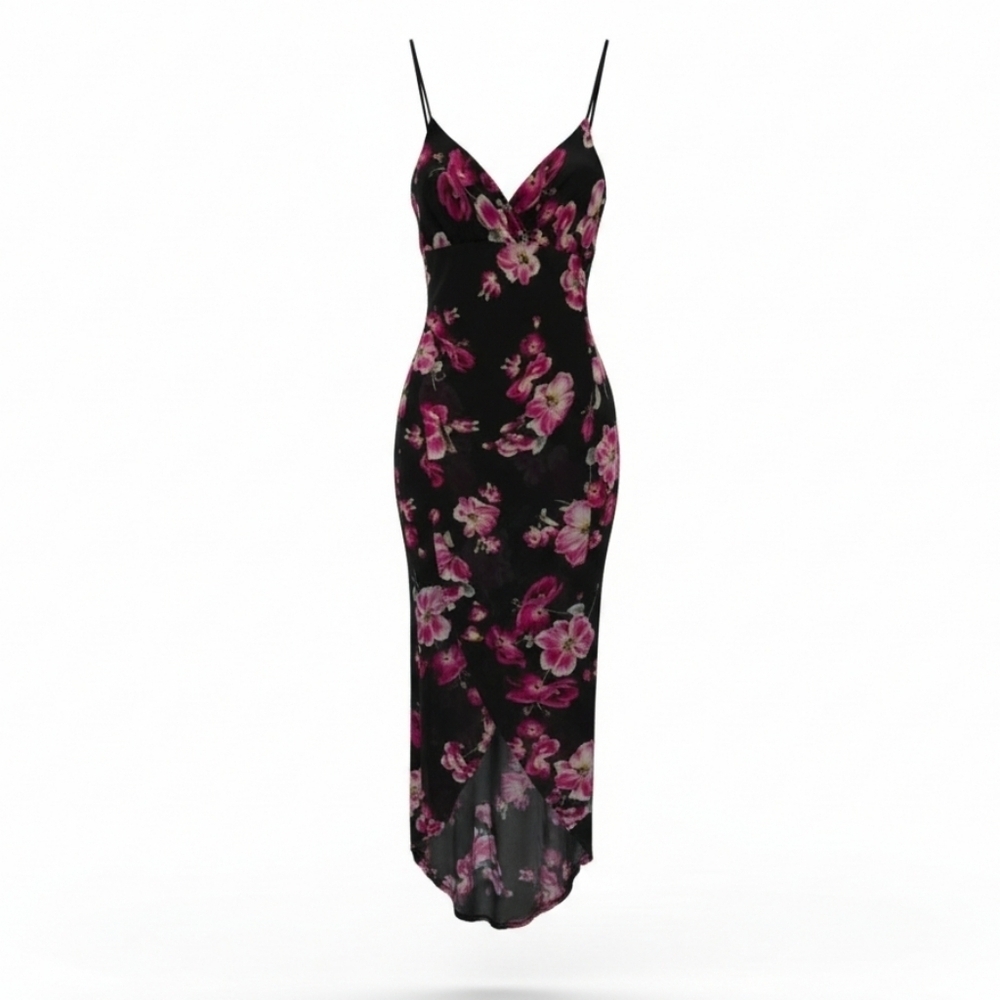Fashion Nova women's black floral mesh lined bodycon high low Dress  - medium​